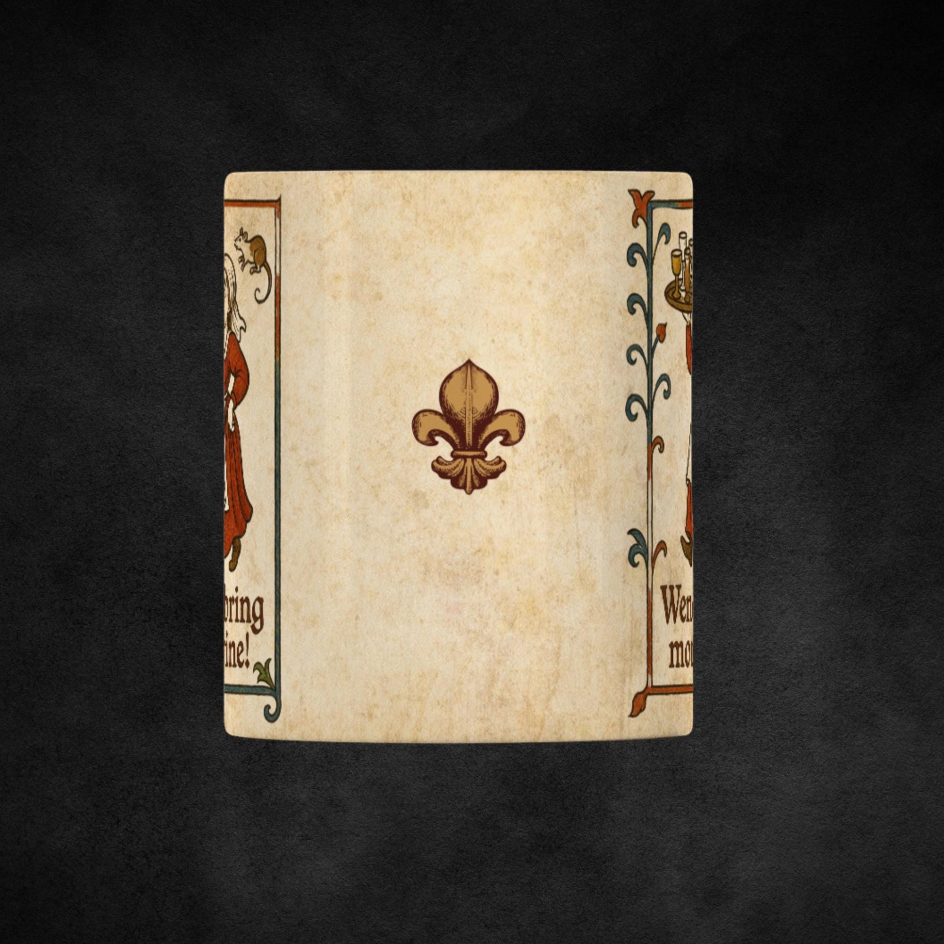 Mug showing a smiling medieval woman carrying a jug and glasses, decorated with a fleur-de-lys border and humorous text