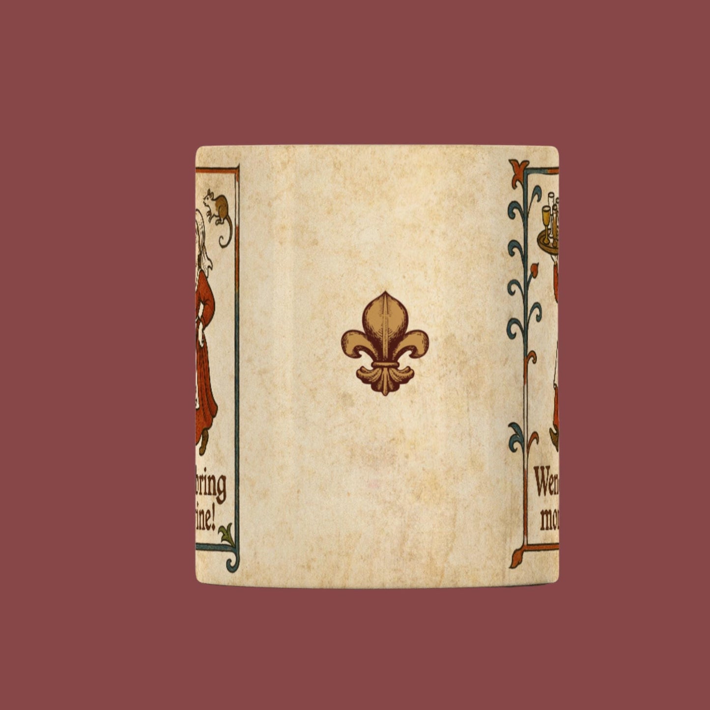 A rustic medieval illustration of a happy woman with a tray of drinks on a white mug, captioned Wench, bring more wine