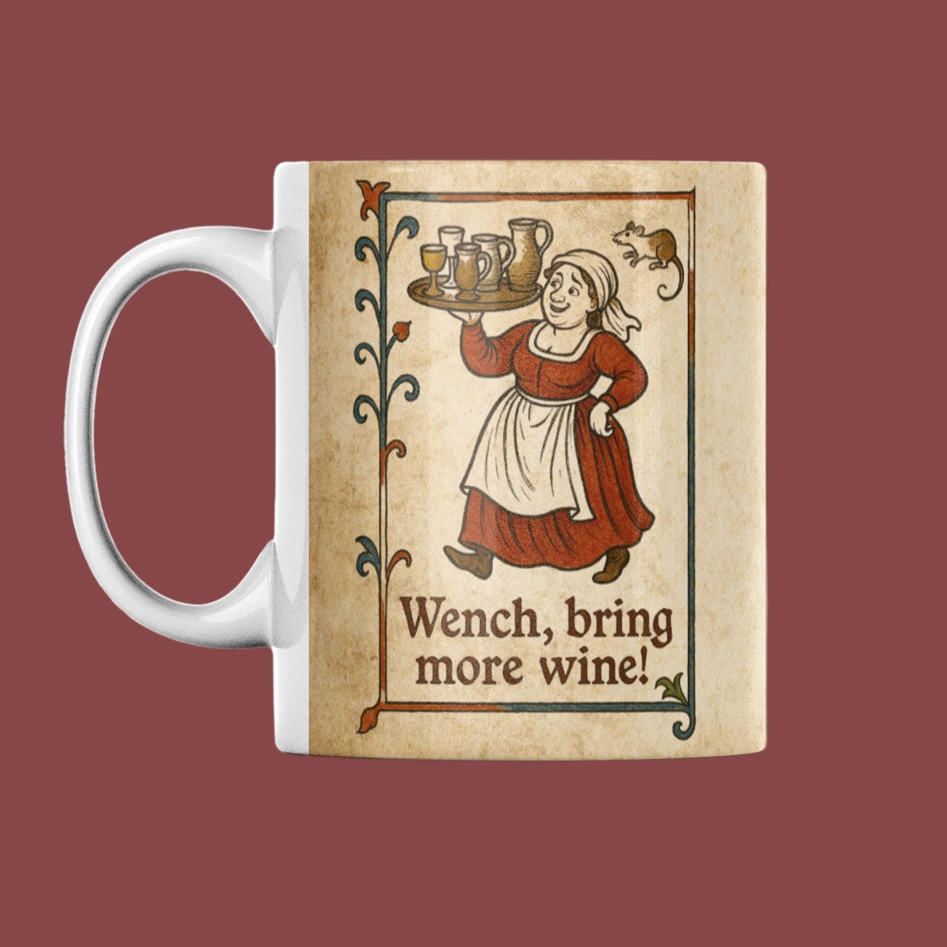 Medieval manuscript-style image of a cheerful barmaid with a tray of wine, printed on both sides of a ceramic mug.