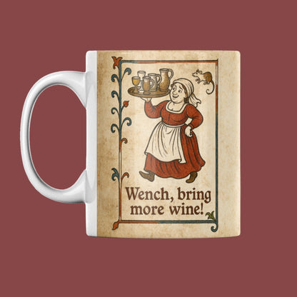Medieval manuscript-style image of a cheerful barmaid with a tray of wine, printed on both sides of a ceramic mug.