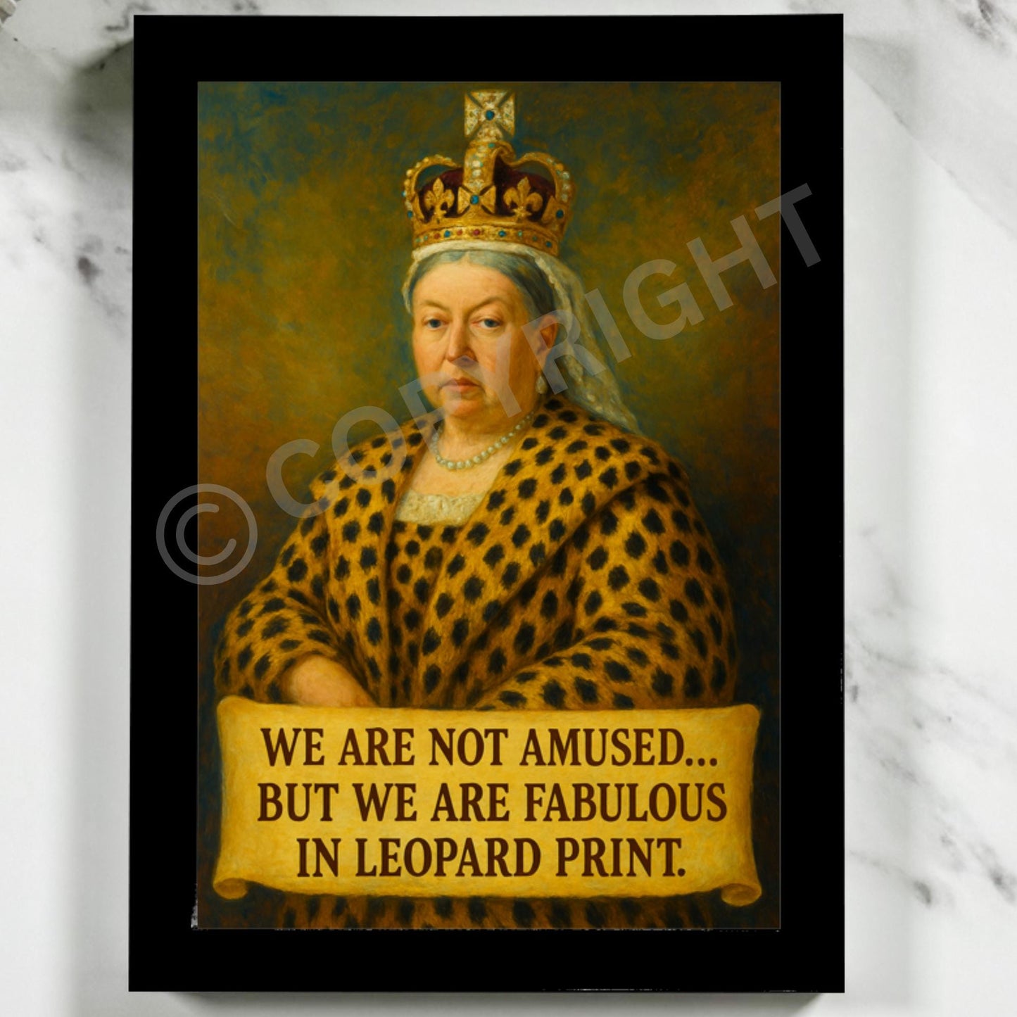 Regal Queen Victoria illustration with leopard print design, available framed or unframed.