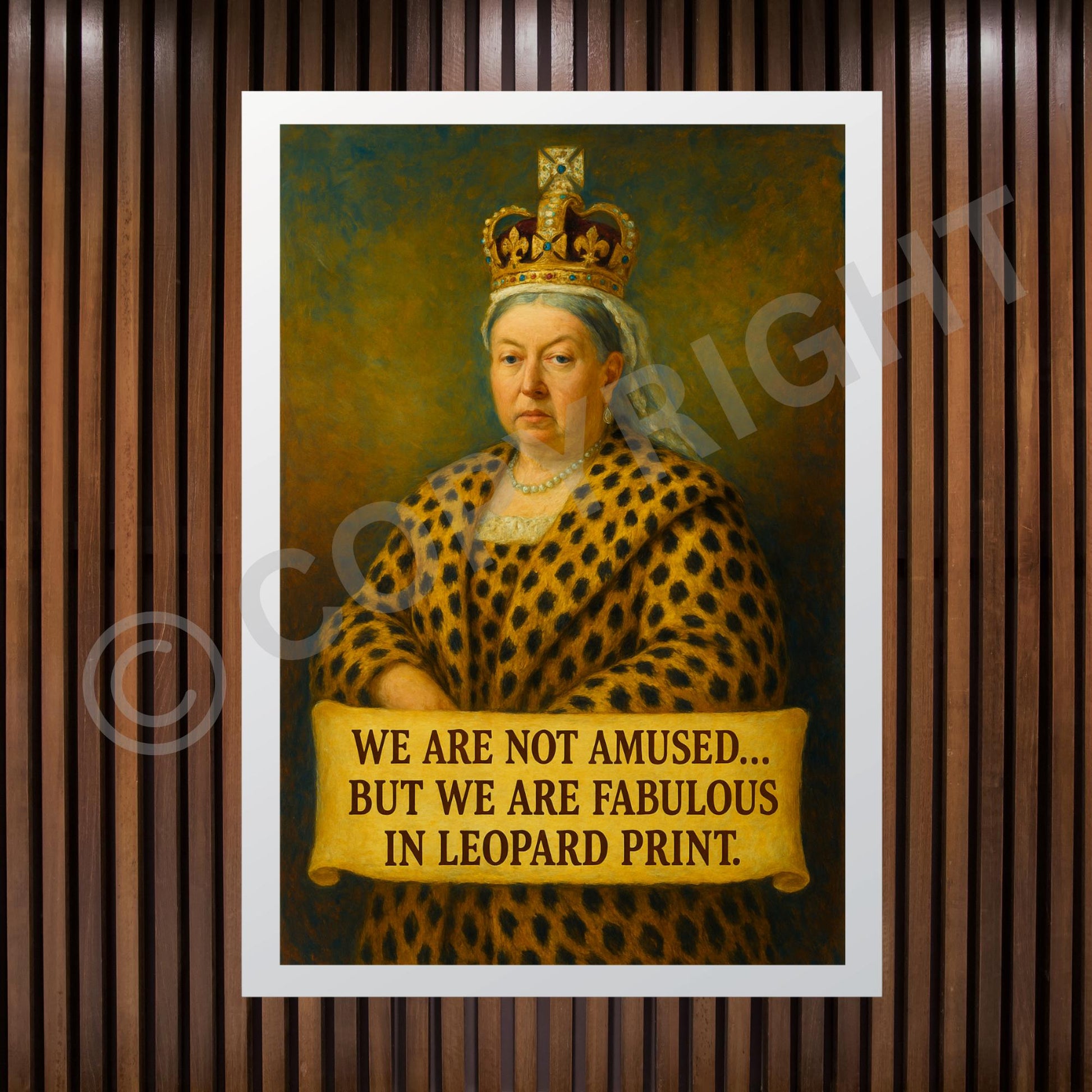 Black frame version of Queen Victoria leopard print art on a neutral living room wall.