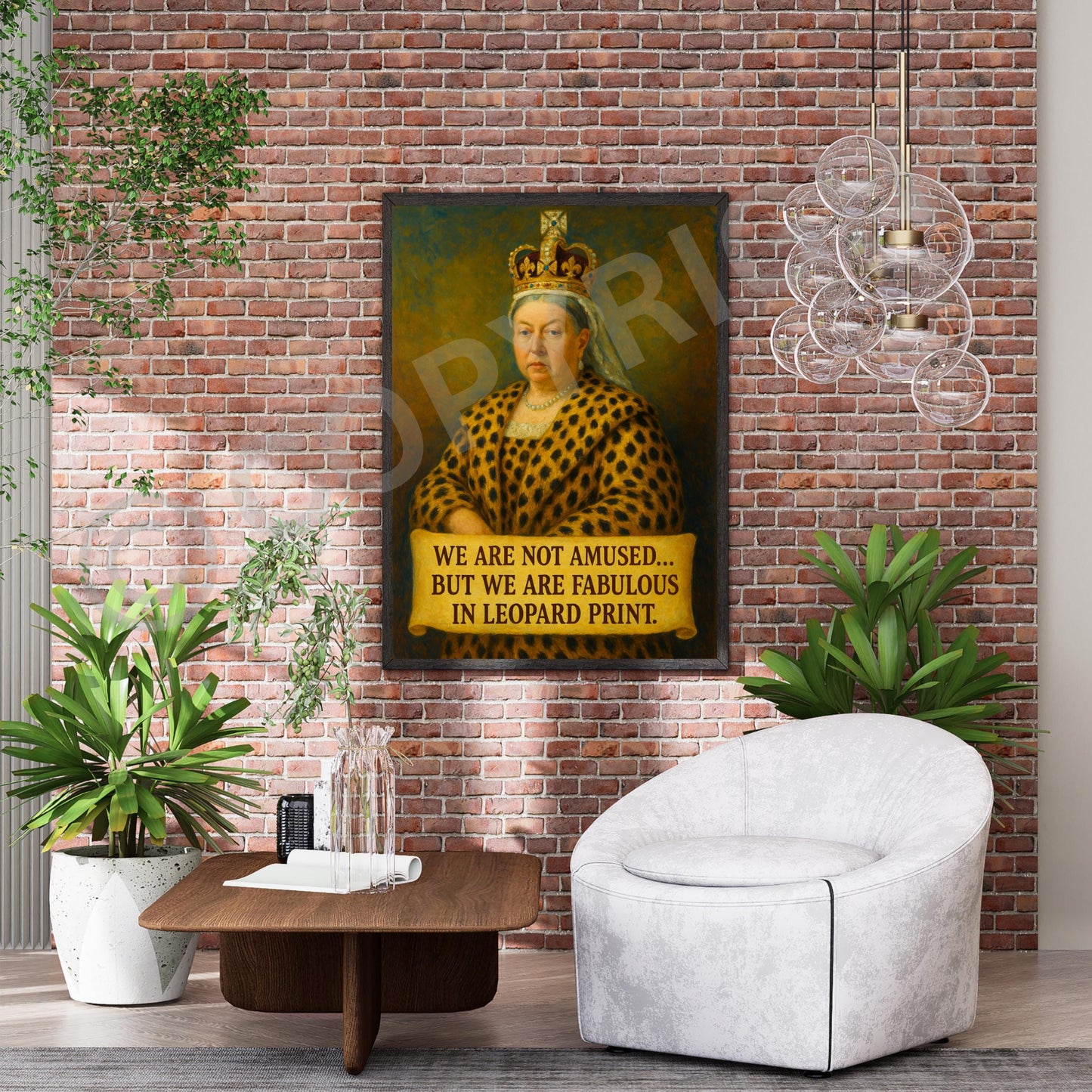 Quirky historical art print of Queen Victoria wearing leopard print, perfect conversation starter.