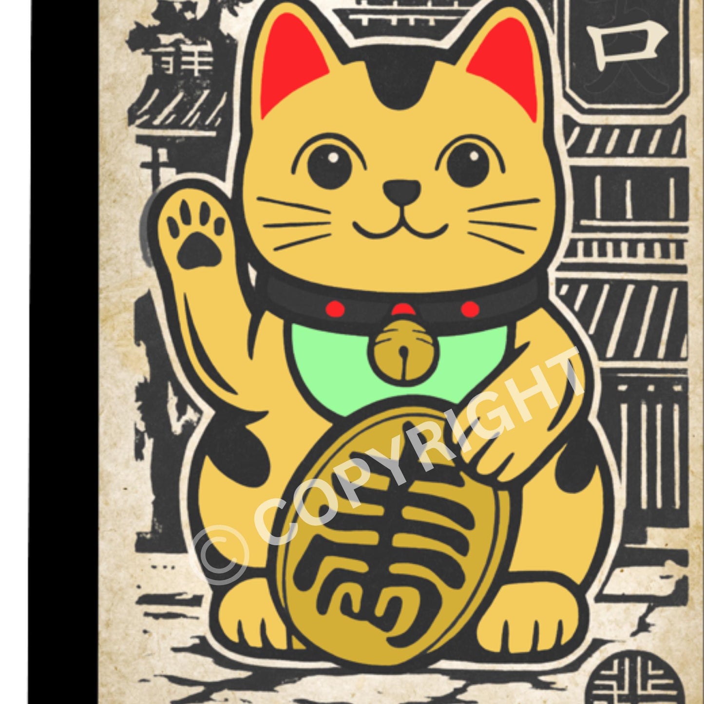 Cultural Japanese Maneki Neko design in vibrant colours, available framed or unframed in A5 to A2 sizes.