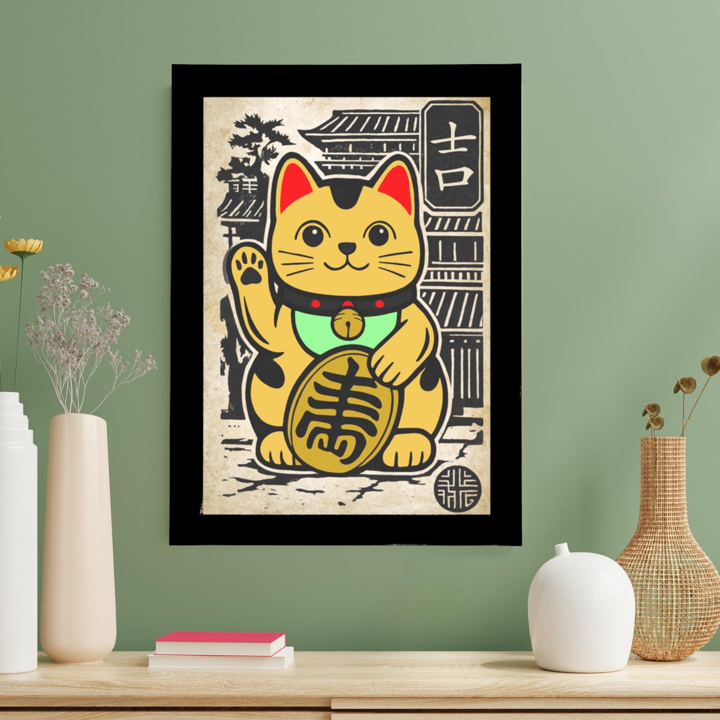 Framed prosperity cat print with a waving paw, perfect for housewarming or business opening gifts.