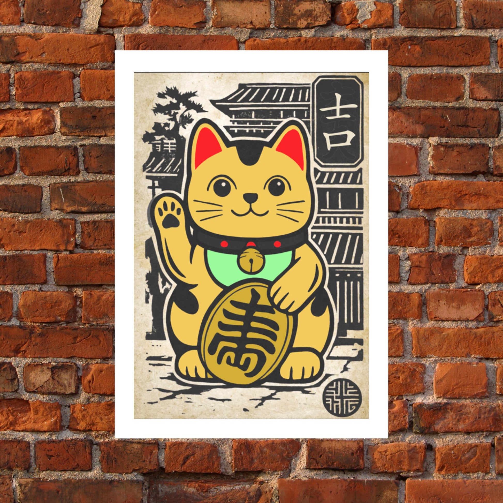 Lucky Cat Japanese wall art with black textured frame, bringing charm and positive energy to any room.