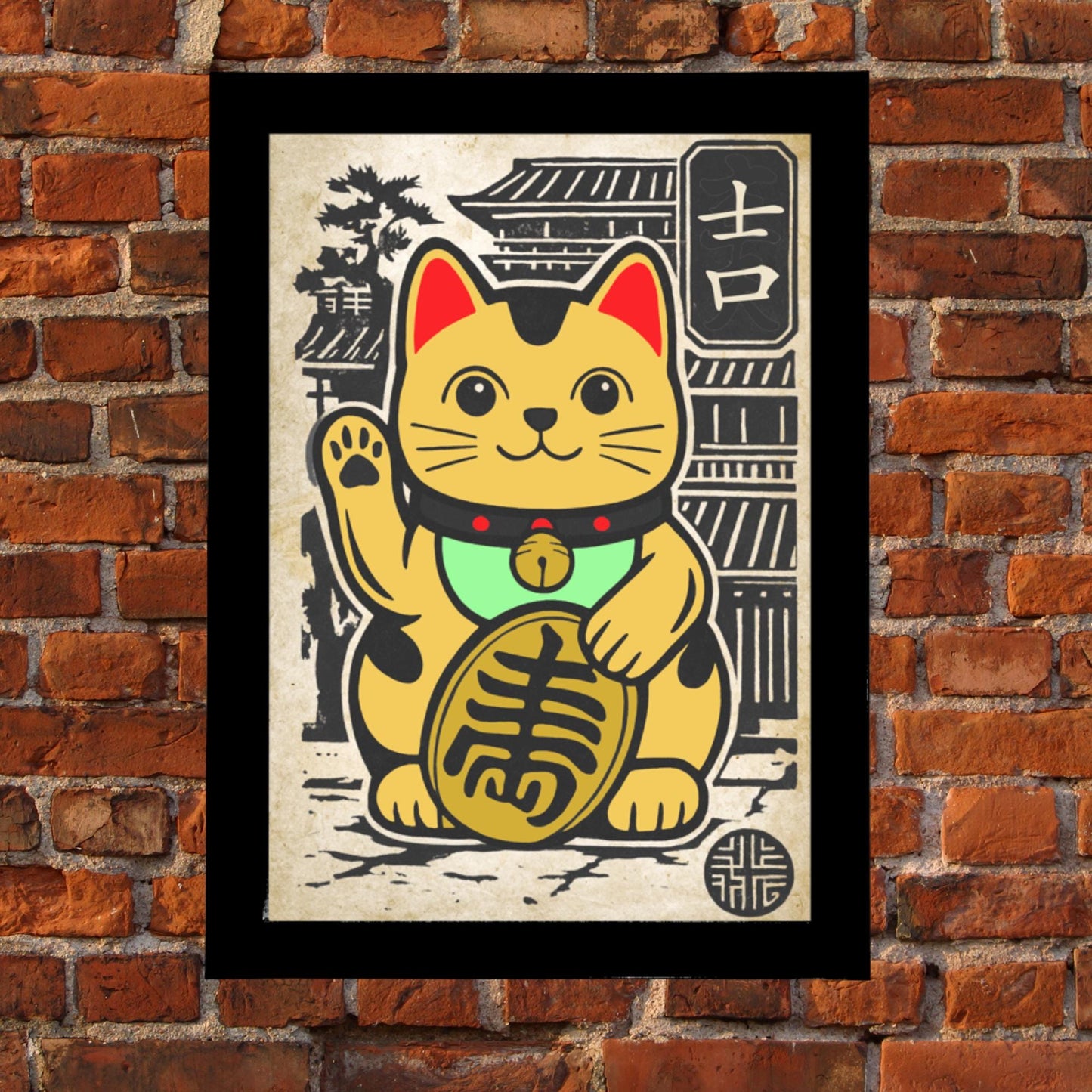 Framed Lucky Cat wall art in Japanese style, featuring a traditional Maneki Neko for good luck and prosperity.