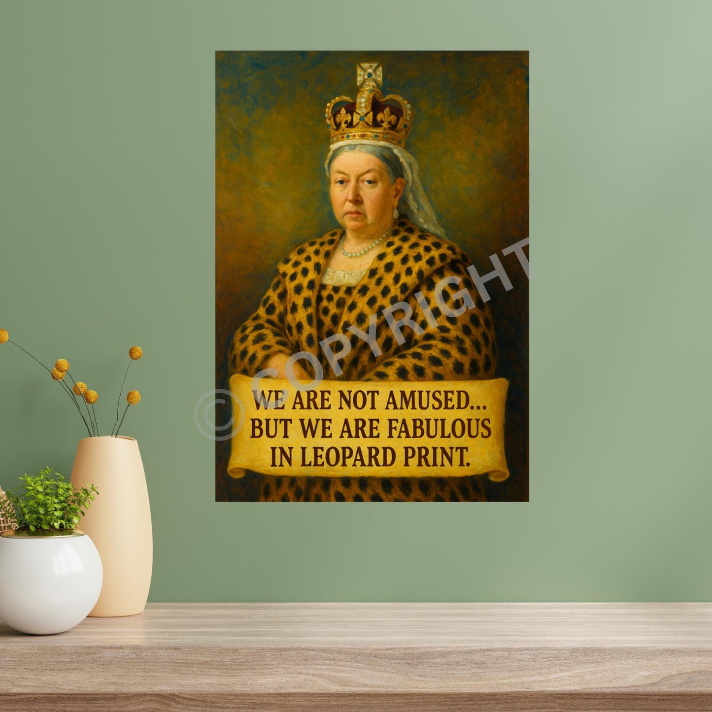 Funny Victorian royal wall art featuring Queen Victoria in a bold leopard print outfit.