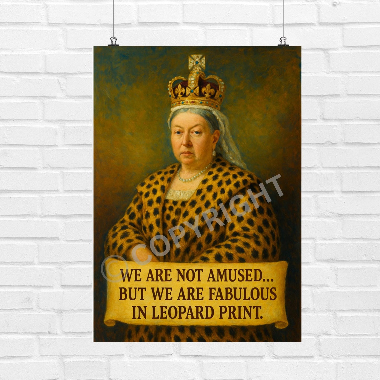 Leopard print Queen Victoria wall art with vintage style, great for unique interior design.