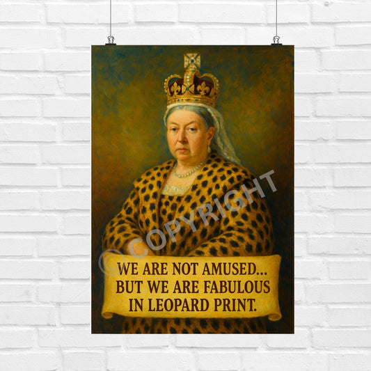 Leopard print Queen Victoria wall art with vintage style, great for unique interior design.