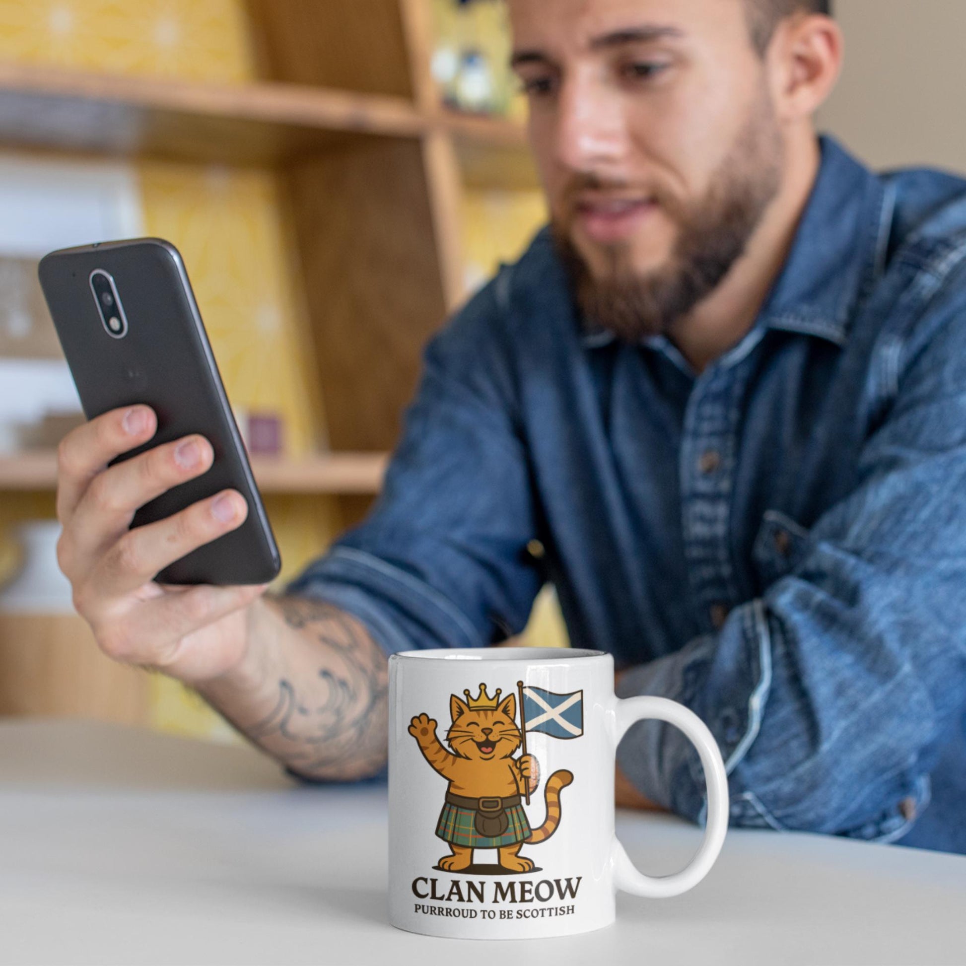 Scottish Cat Mug or Coaster: Highland Kilt & Bagpipes Design