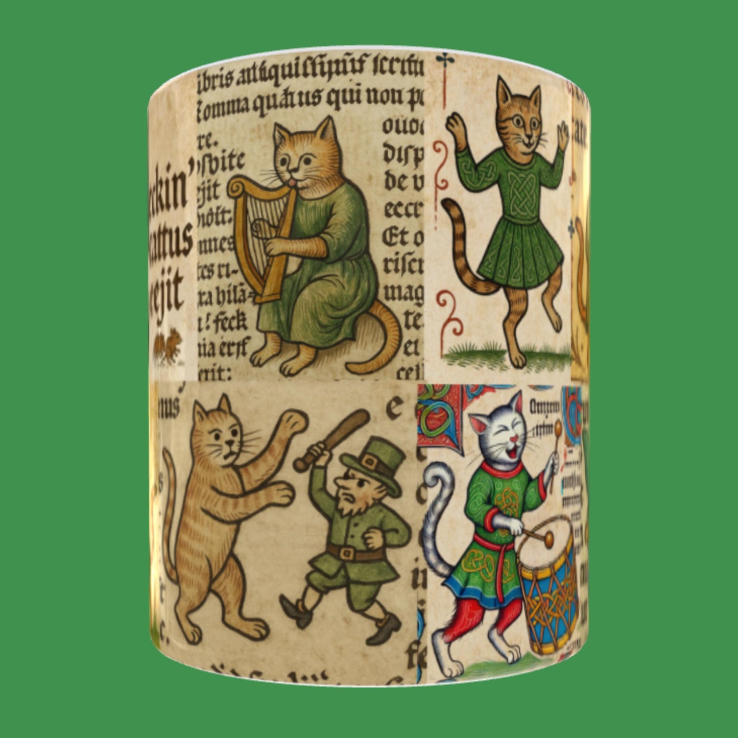 Quirky cat lover’s mug featuring Irish folklore-inspired feline illustrations in medieval marginalia style.