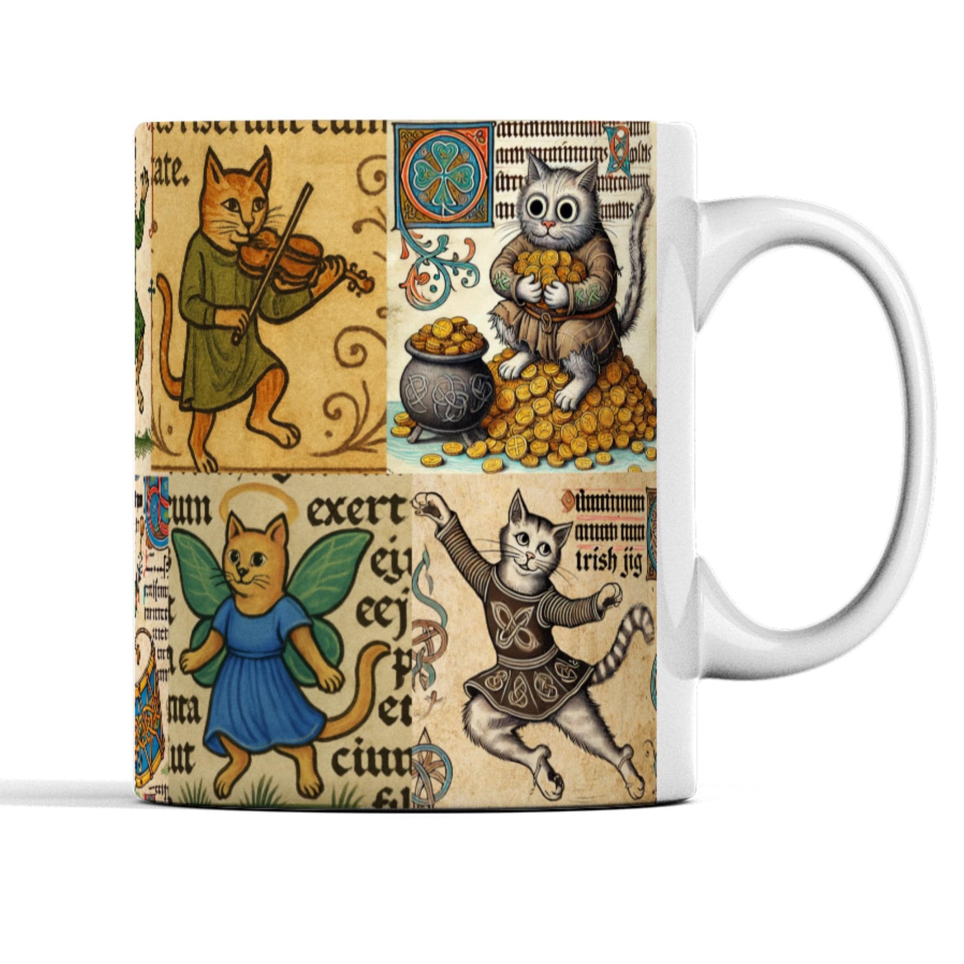 Celtic cat coffee cup with medieval manuscript-inspired Irish feline designs.