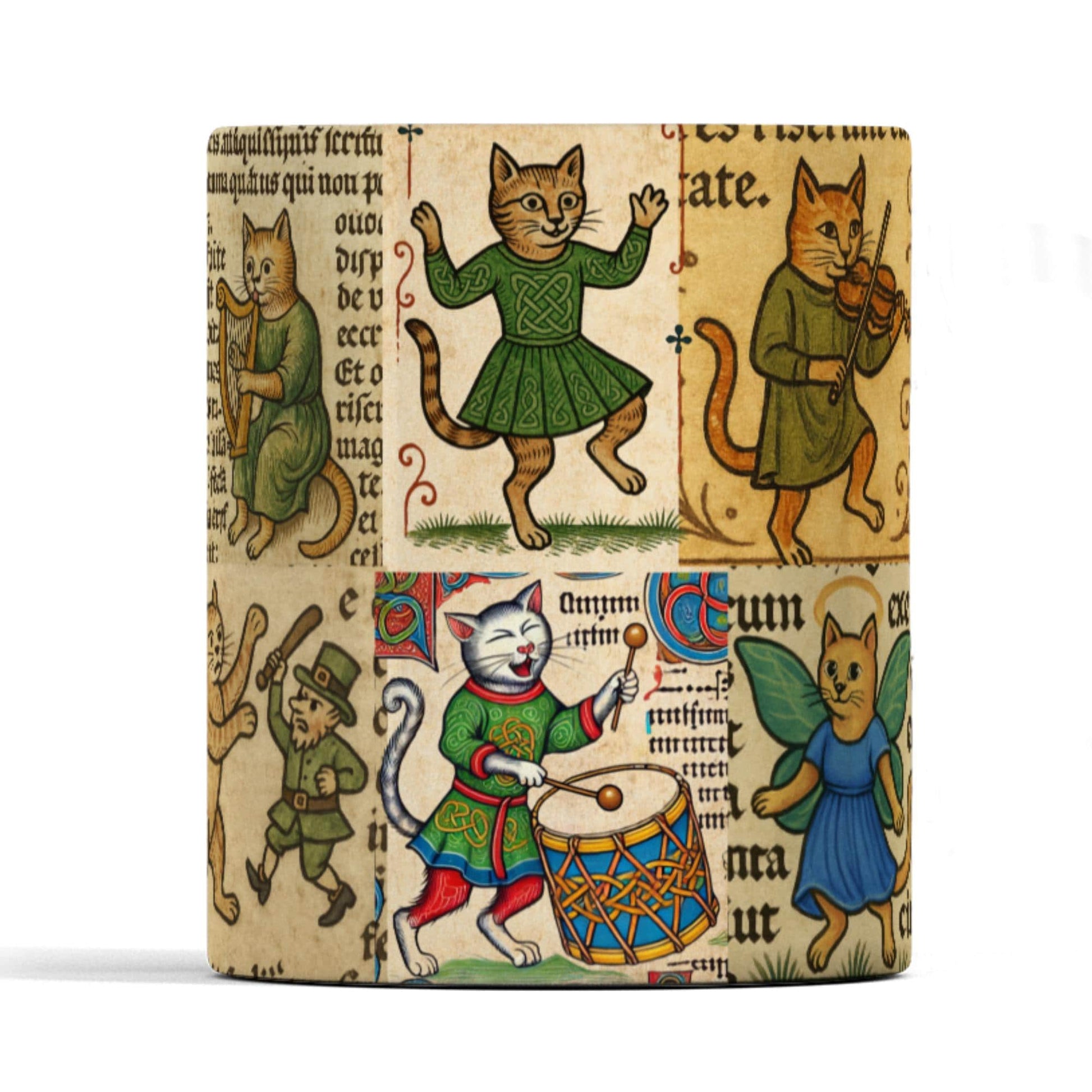 Medieval manuscript Irish cat mug, perfect for St Patrick’s Day and Irish gifts.