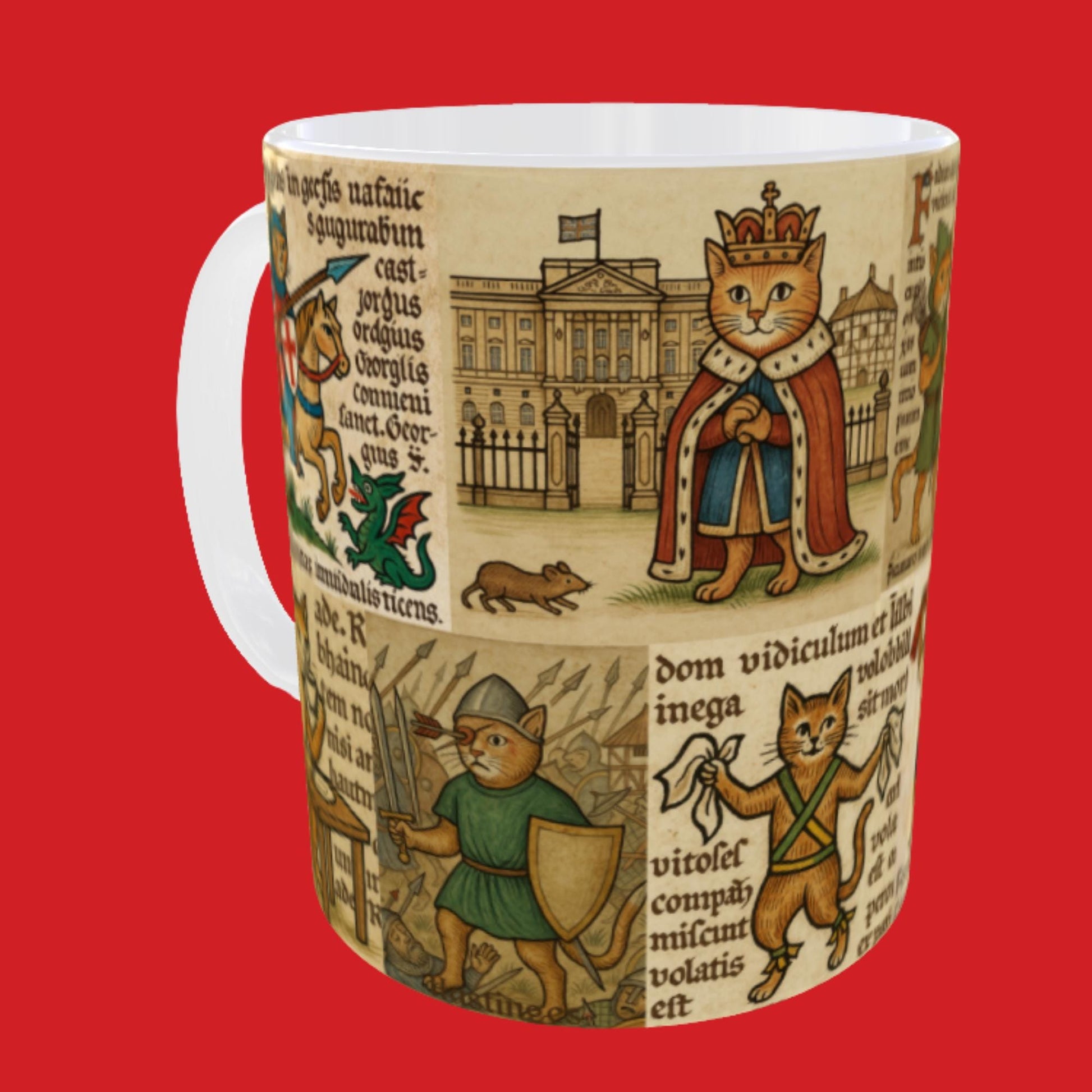 Funny British mug with medieval manuscript cats as English heroes and historic figures and union jack flag.