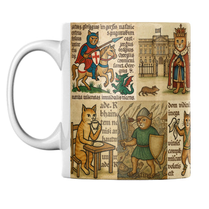 Patriotic English mug with medieval cats, perfect gift for Anglophiles and history lovers. Flag of England.