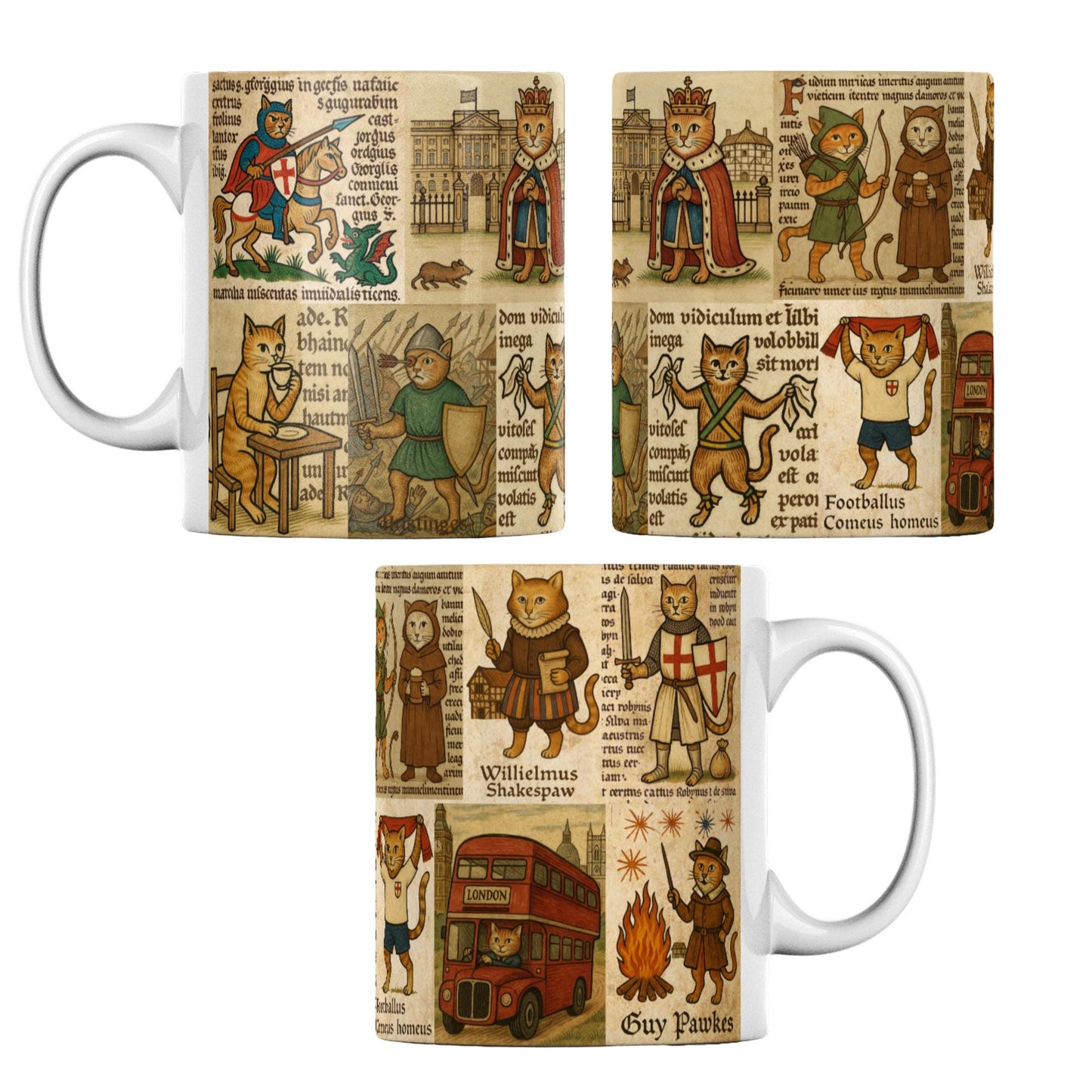 Funny patriotic mug with English cats dressed as historic figures including kings, knights, and playwrights.