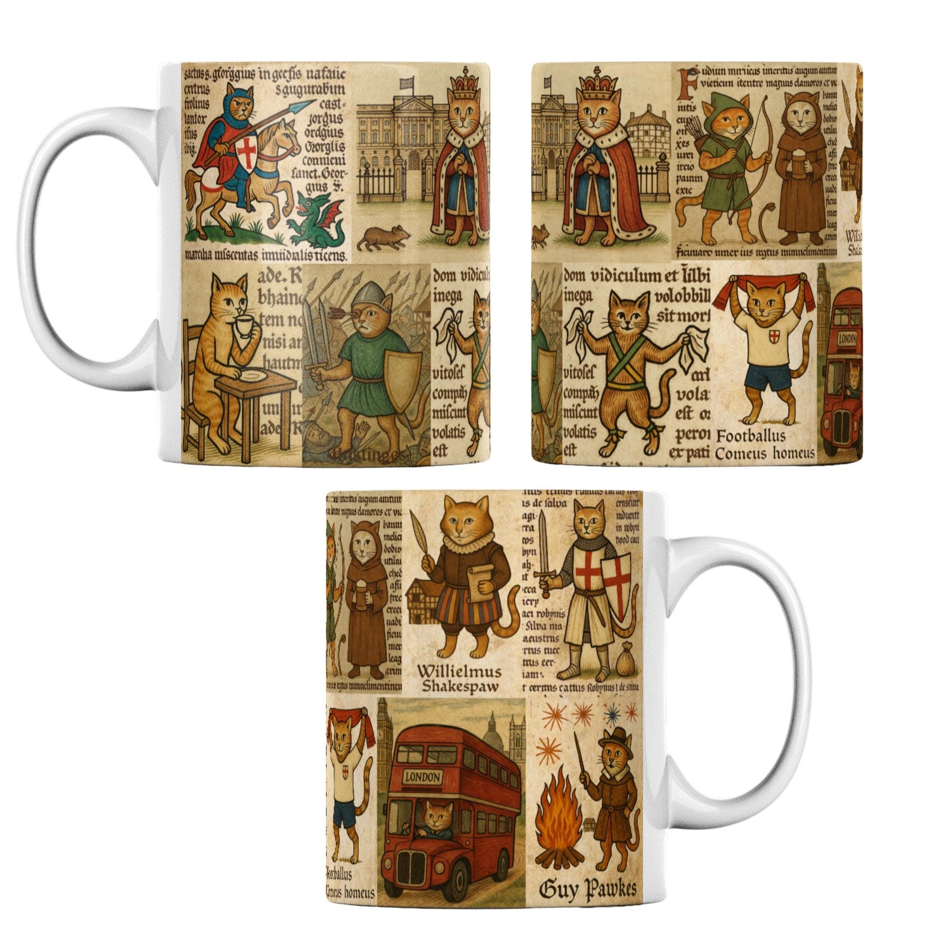 Funny patriotic mug with English cats dressed as historic figures including kings, knights, and playwrights.