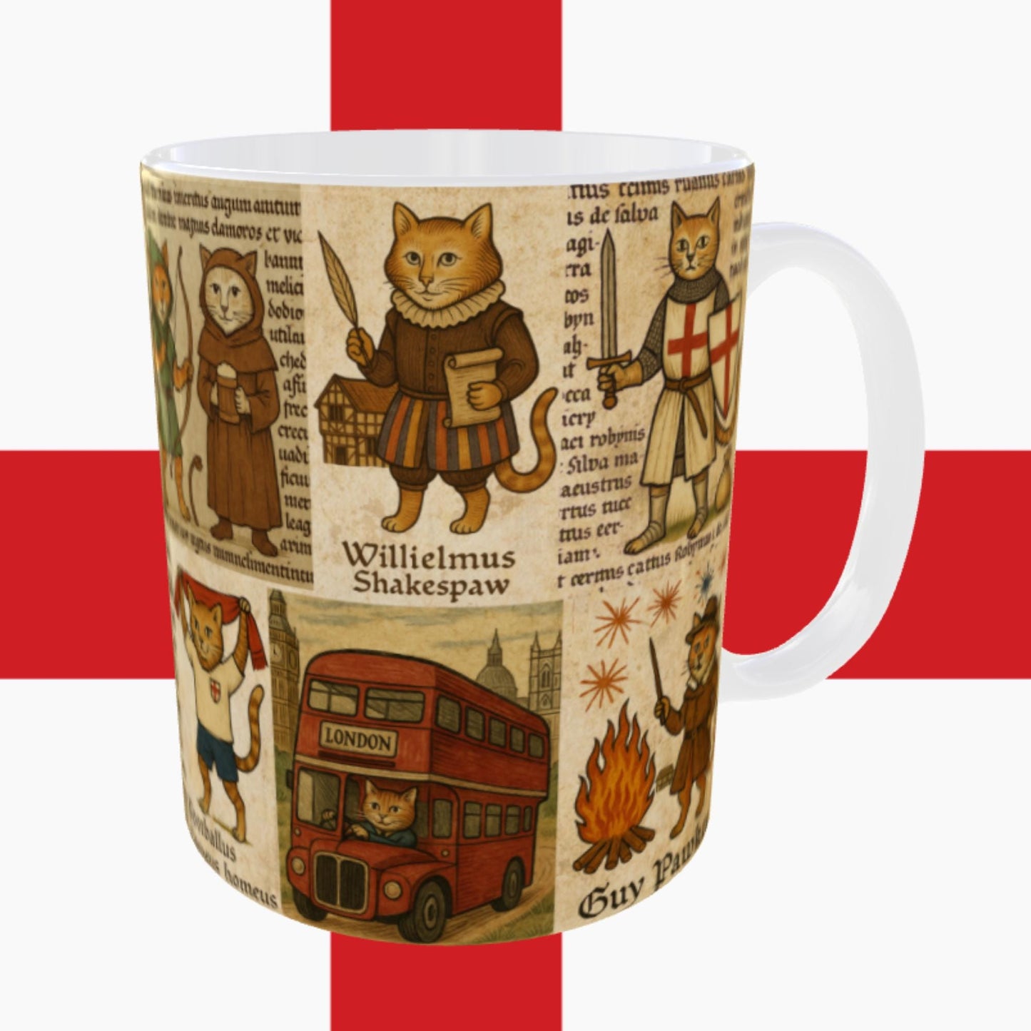Quirky medieval cat art mug with patriotic English themes and wraparound design. Medieval marginalia.