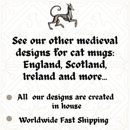 Unique English pride mug with quirky cats dressed in historic costumes and patriotic themes. England football team and supporter.