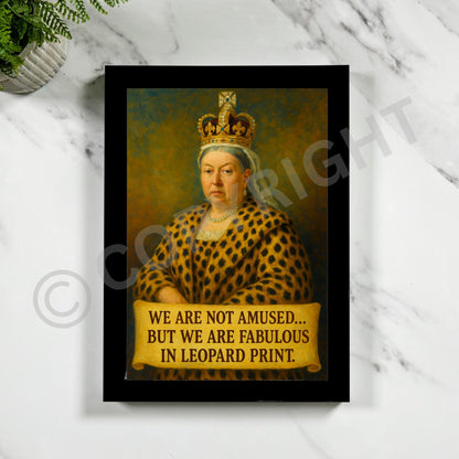 Leopard print Queen Victoria wall art with vintage style, great for unique interior design. Antique oil painting replica.