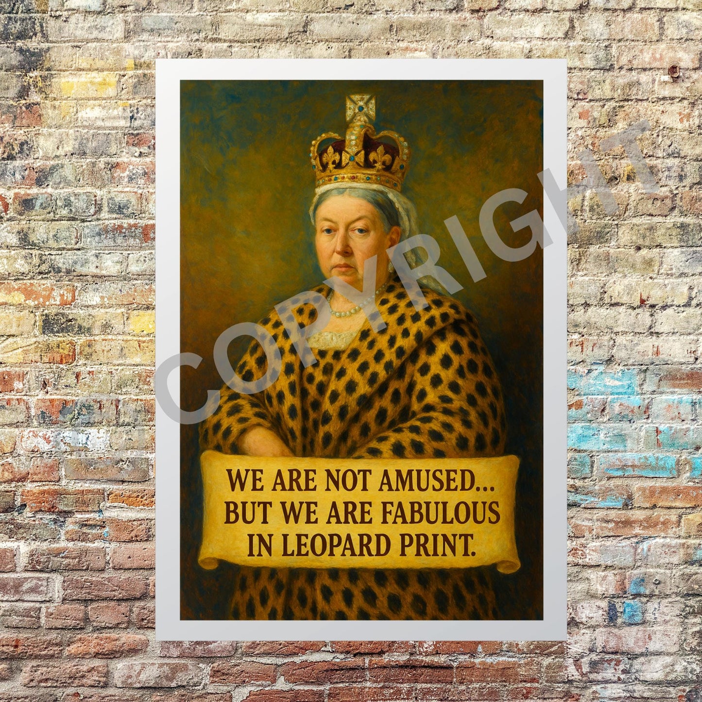 Close-up of framed Queen Victoria leopard print artwork showing frame texture and print detail.