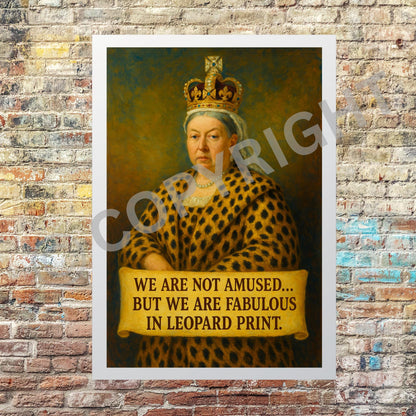Close-up of framed Queen Victoria leopard print artwork showing frame texture and print detail.
