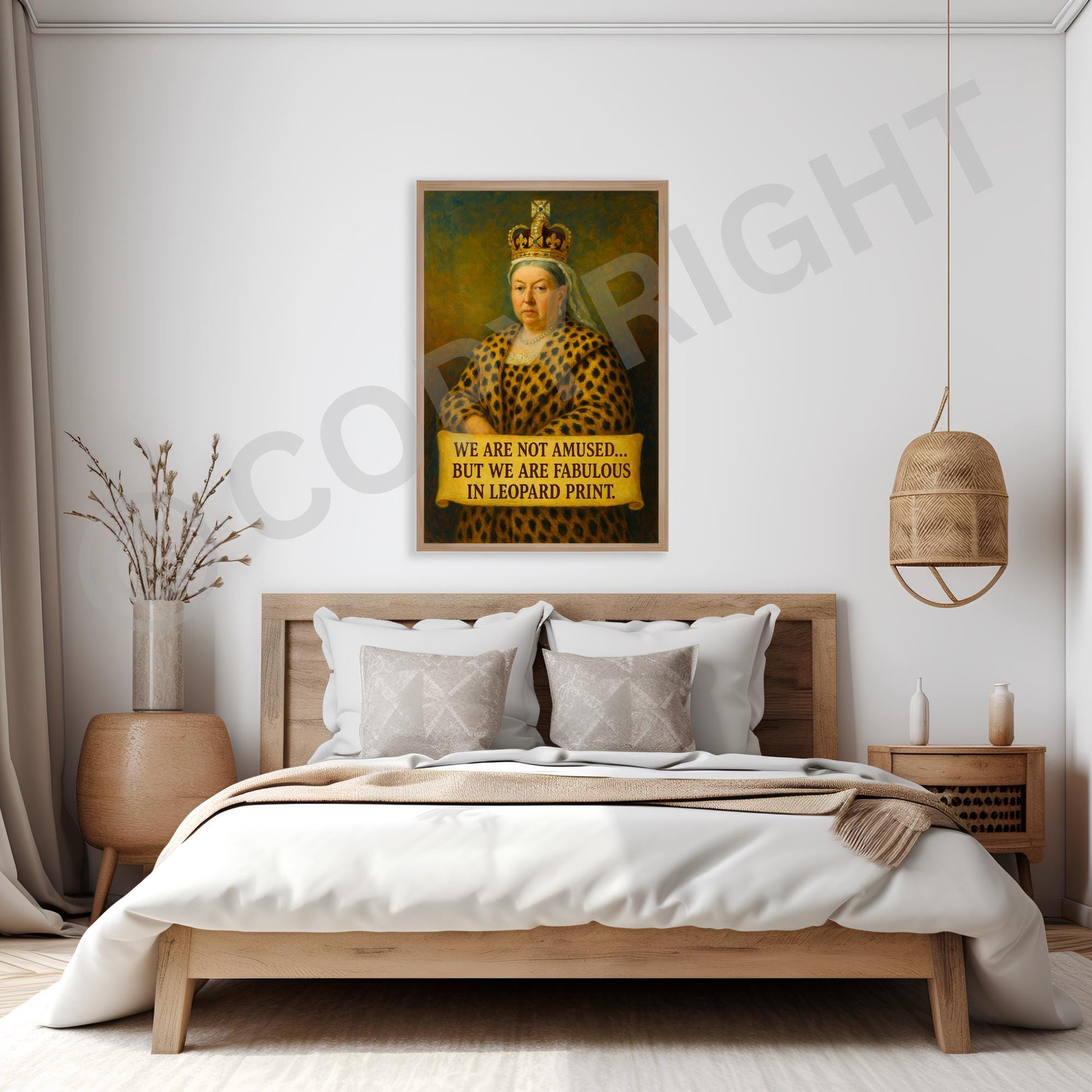 Leopard print fashion inspired Queen Victoria artwork, humorous twist on royal portrait.