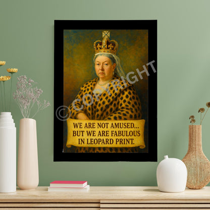 Framed humorous Queen Victoria portrait wearing leopard print, perfect for quirky home décor.