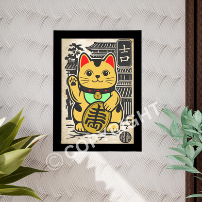Close-up of a Lucky Cat art print with bold colours, perfect gift for cat lovers and Japanese culture fans.