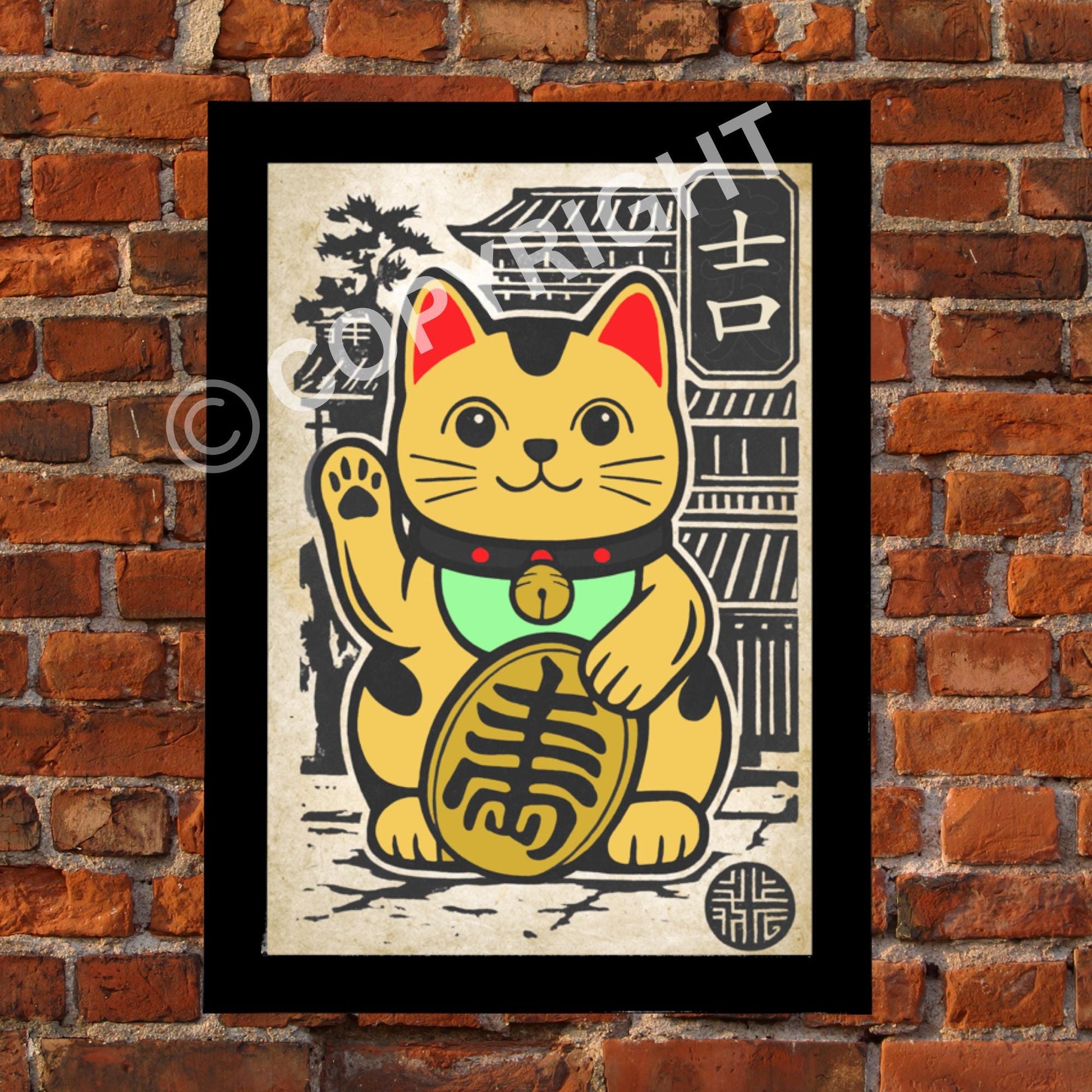Oriental-style Lucky Cat wall art with vintage background, ideal for living room or office décor.