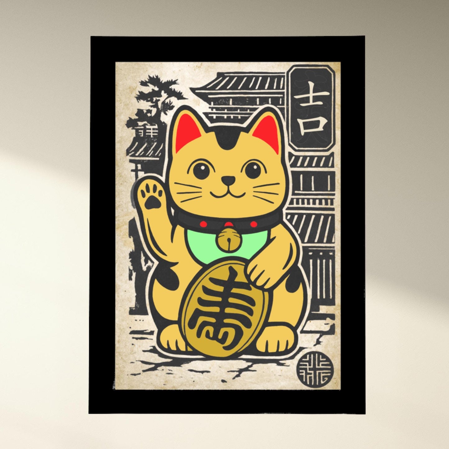 Good luck Lucky Cat artwork with traditional Japanese buildings in the background, printed on 275gsm paper.