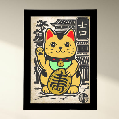 Good luck Lucky Cat artwork with traditional Japanese buildings in the background, printed on 275gsm paper.