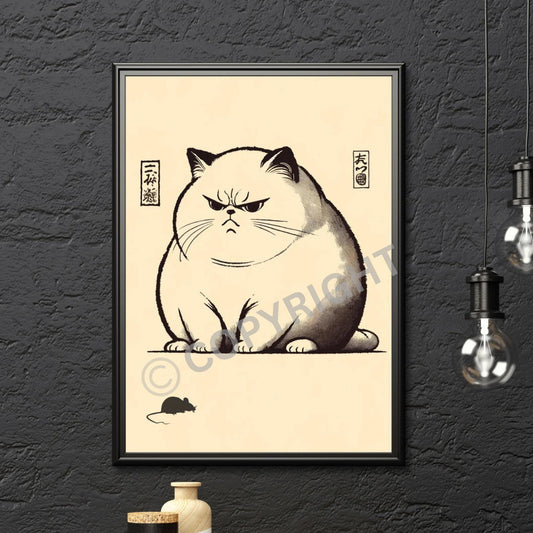 Minimalist Japanese-style art print of an unimpressed cat sitting with half-closed eyes in muted tones, inspired by wabi-sabi aesthetics
