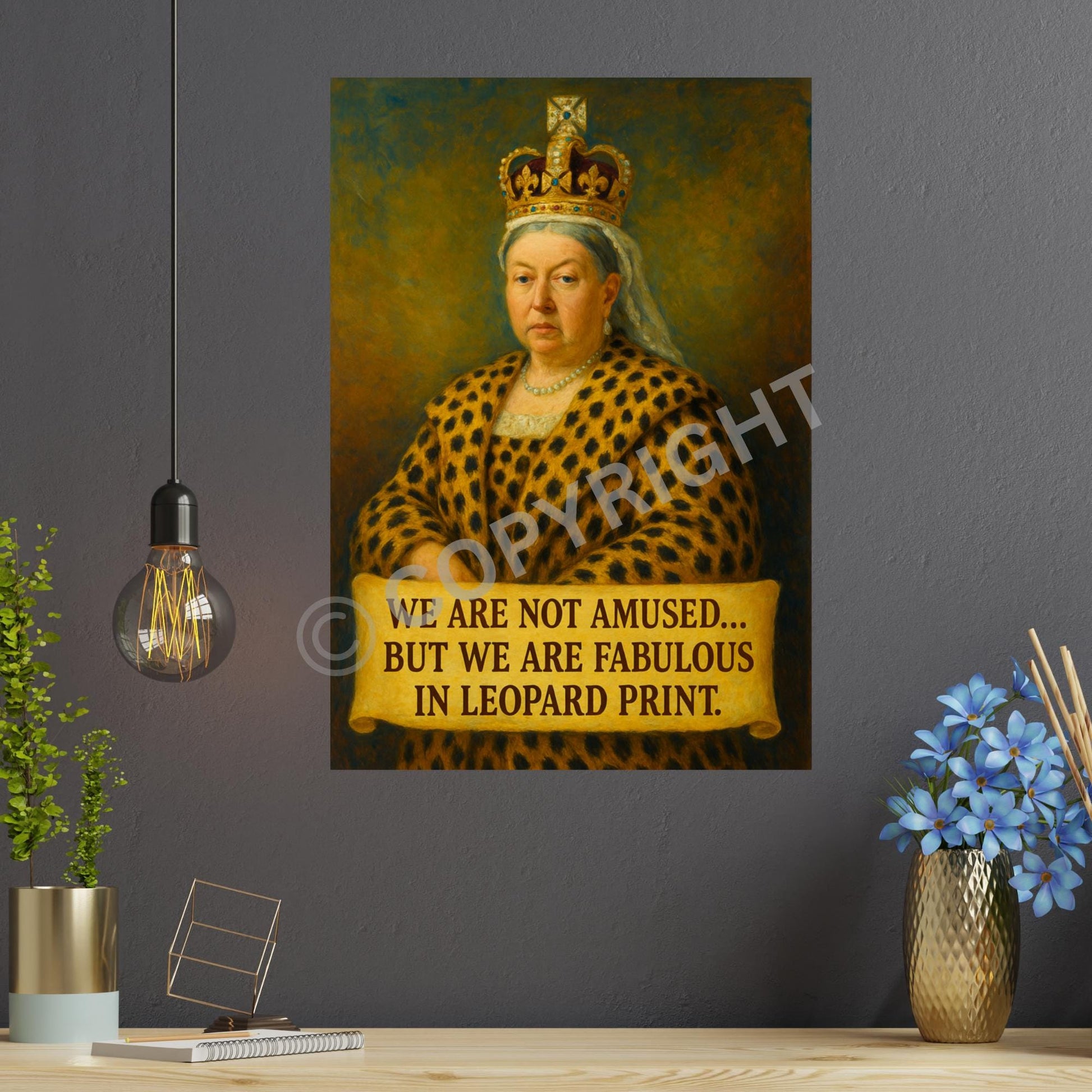 Novelty Queen Victoria print with leopard print cloak, ideal gift for leopard print lovers.