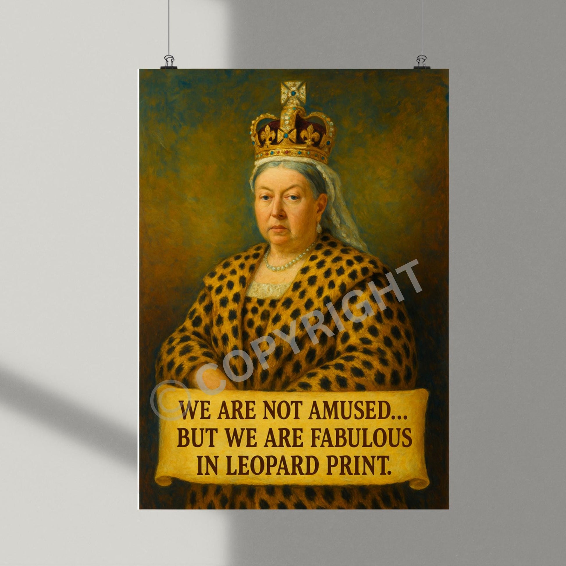 Humorous historical portrait of Queen Victoria, dressed in stylish leopard print fashion.