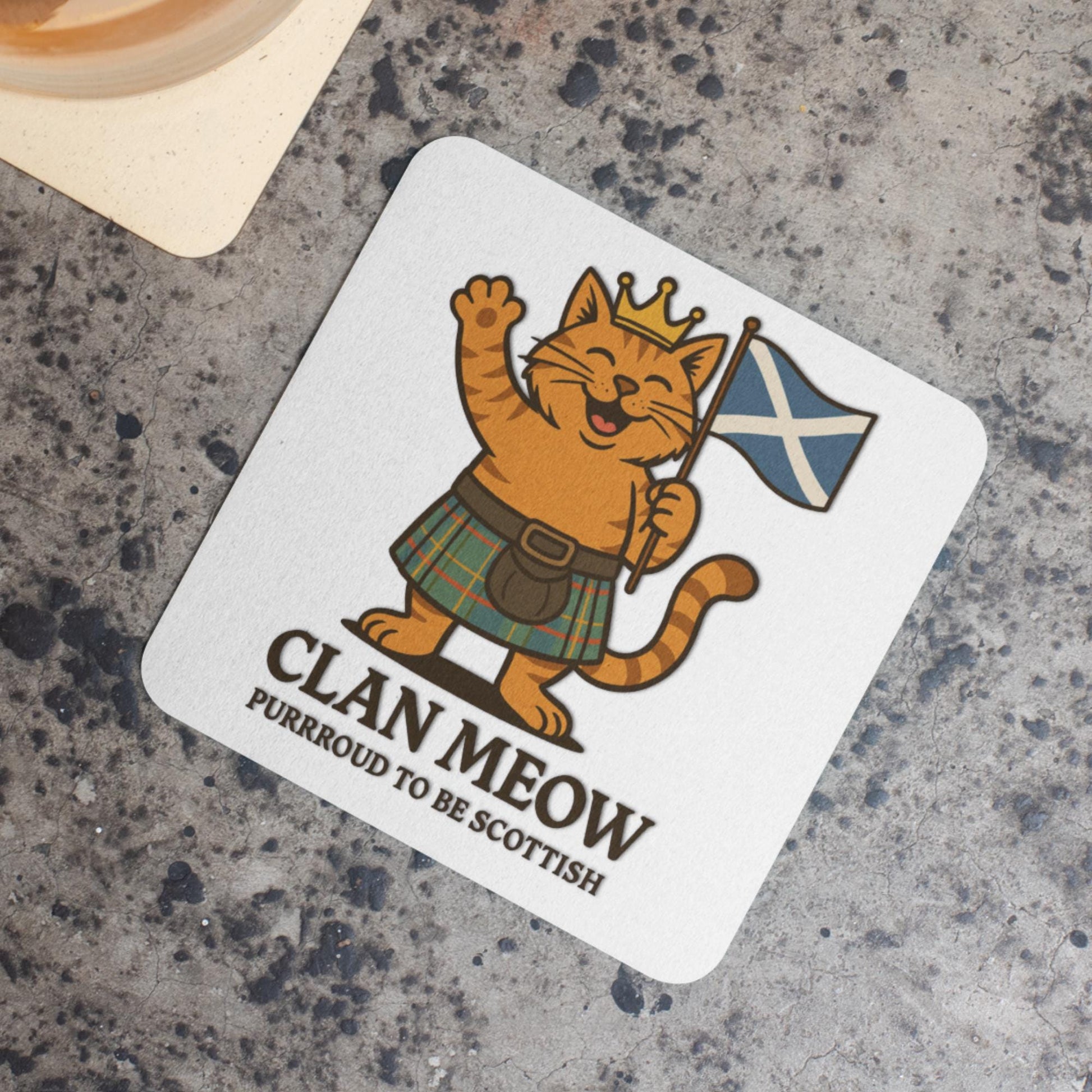 Scottish Cat Mug or Coaster: Highland Kilt & Bagpipes Design