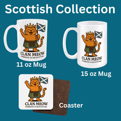Scottish Cat Mug or Coaster: Highland Kilt & Bagpipes Design