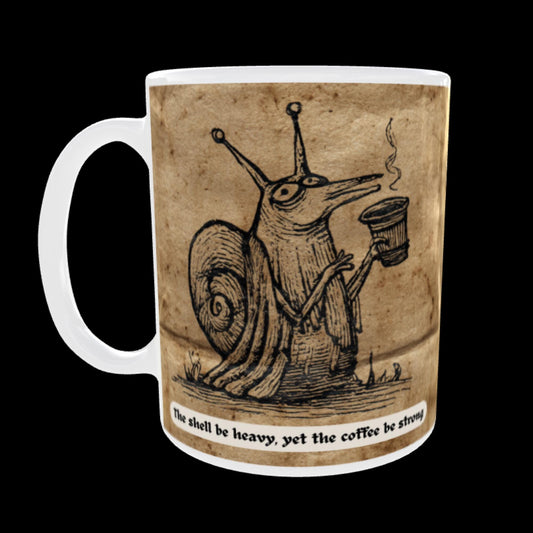 Medieval snail illustration on coffee mug holding cup with steam