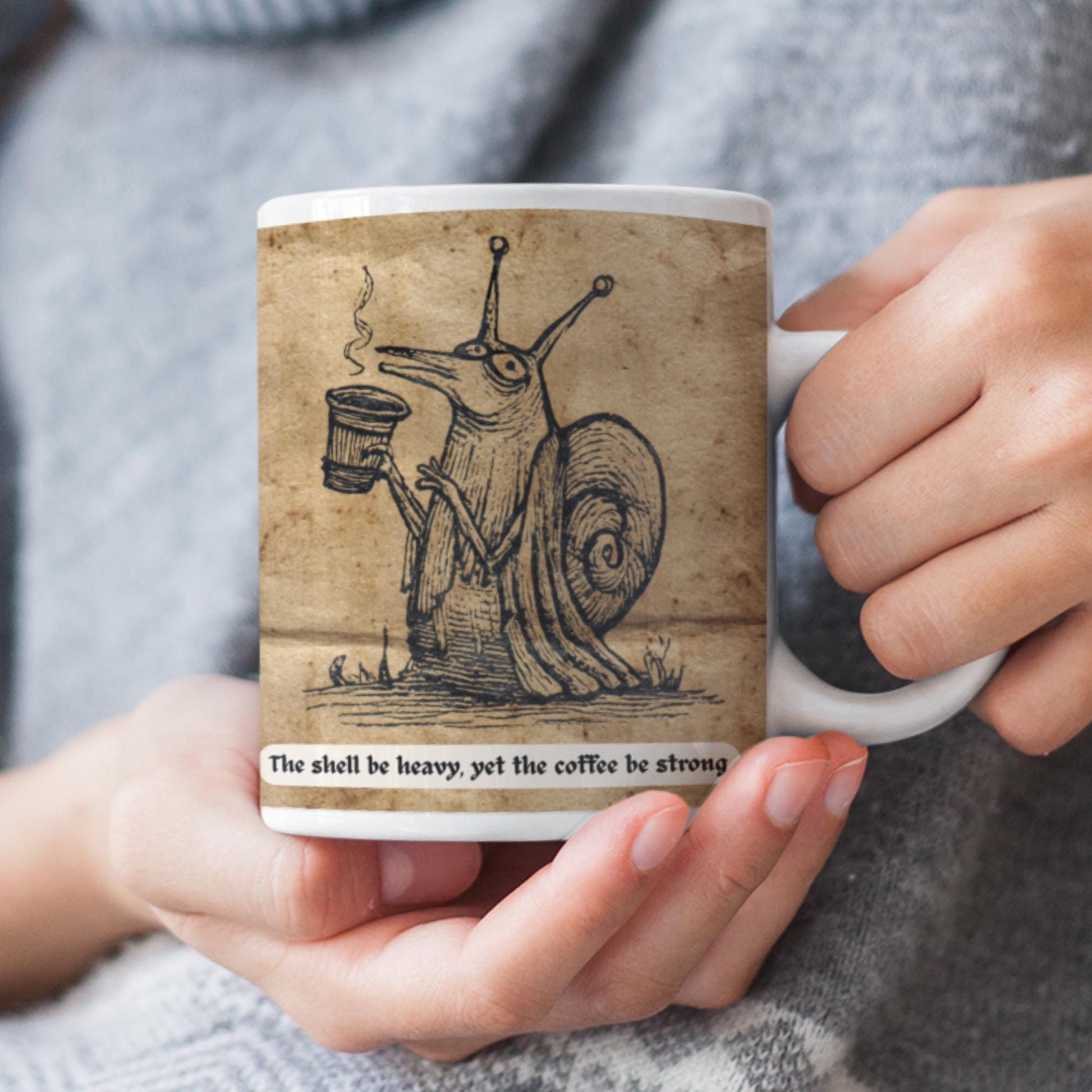 Quirky snail coffee design in medieval manuscript art style