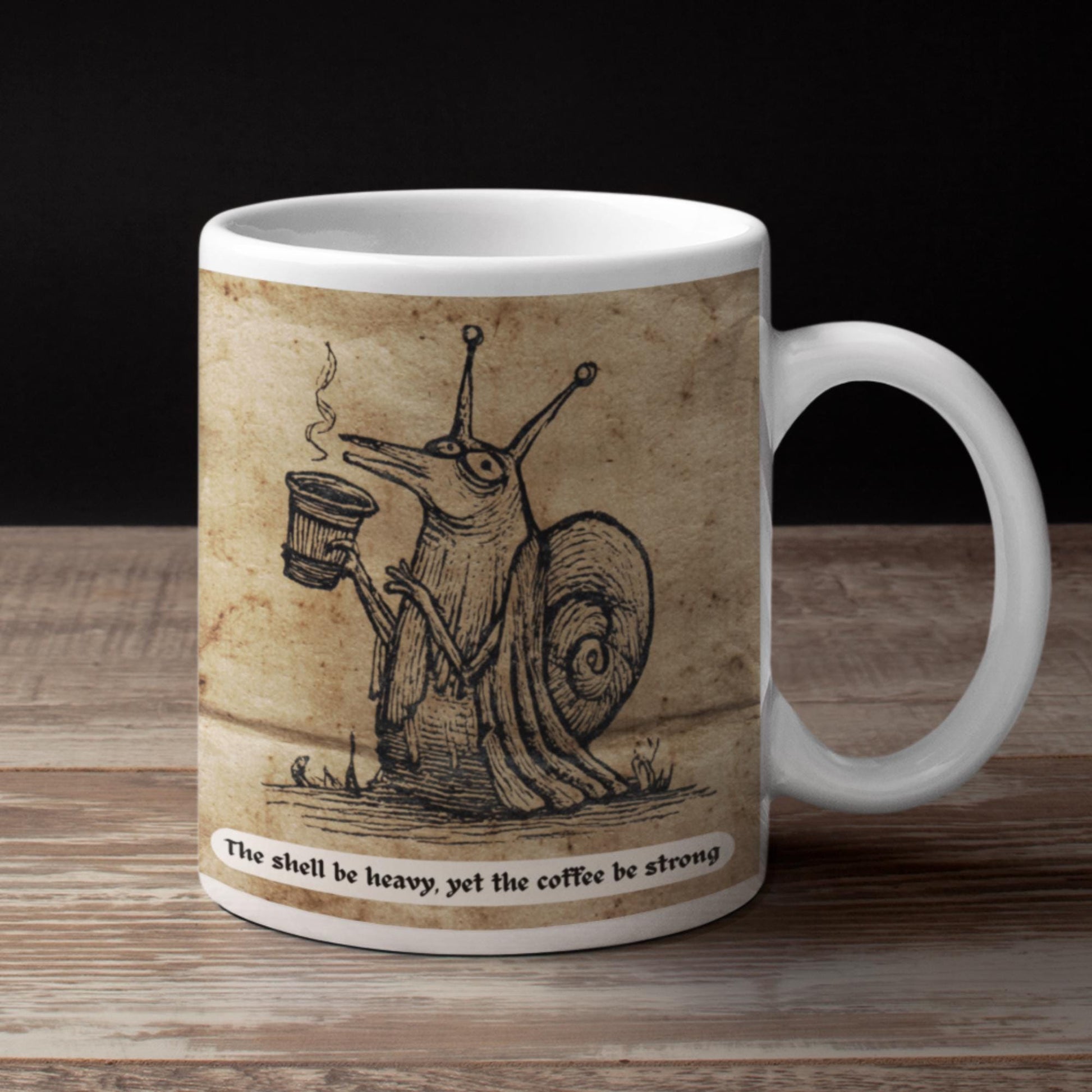 Funny weird coffee mug with gothic medieval art of a snail