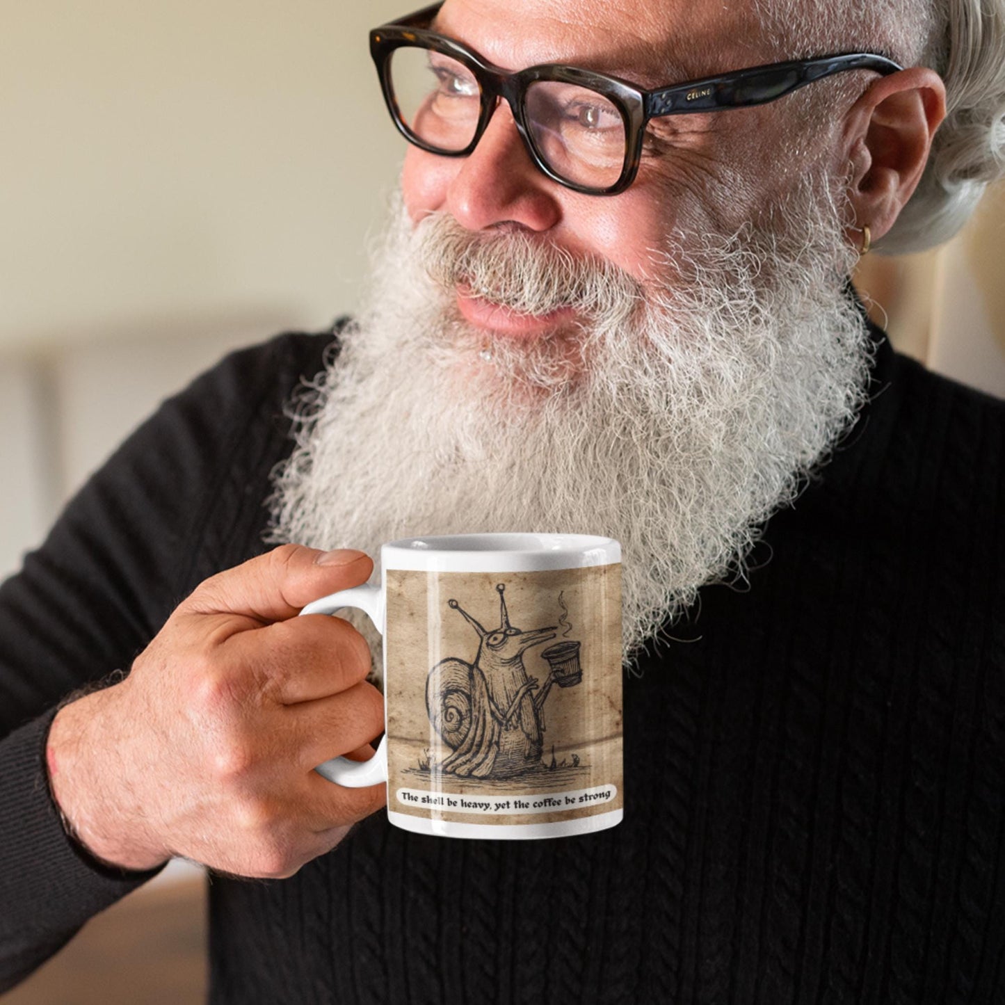 Snail coffee mug inspired by medieval manuscript marginalia