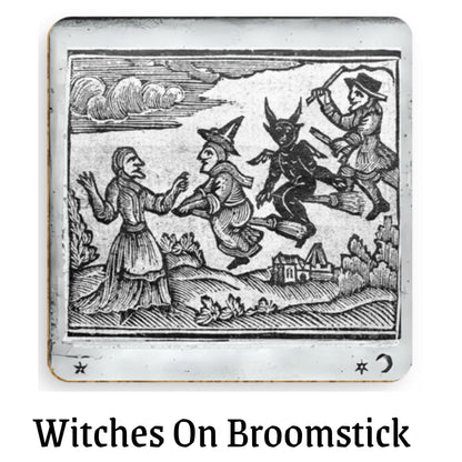 Coaster 2 (Witch flying with demons):
&quot;1720s woodcut illustration of witches flying with demons over a countryside scene, historical witchcraft art for gothic decor.&quot;