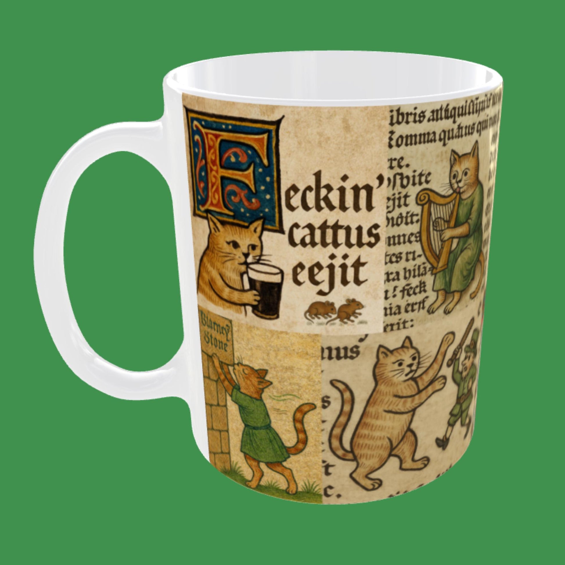 Funny Irish coffee mug with cats playing harp, drum, and guarding pot of gold.