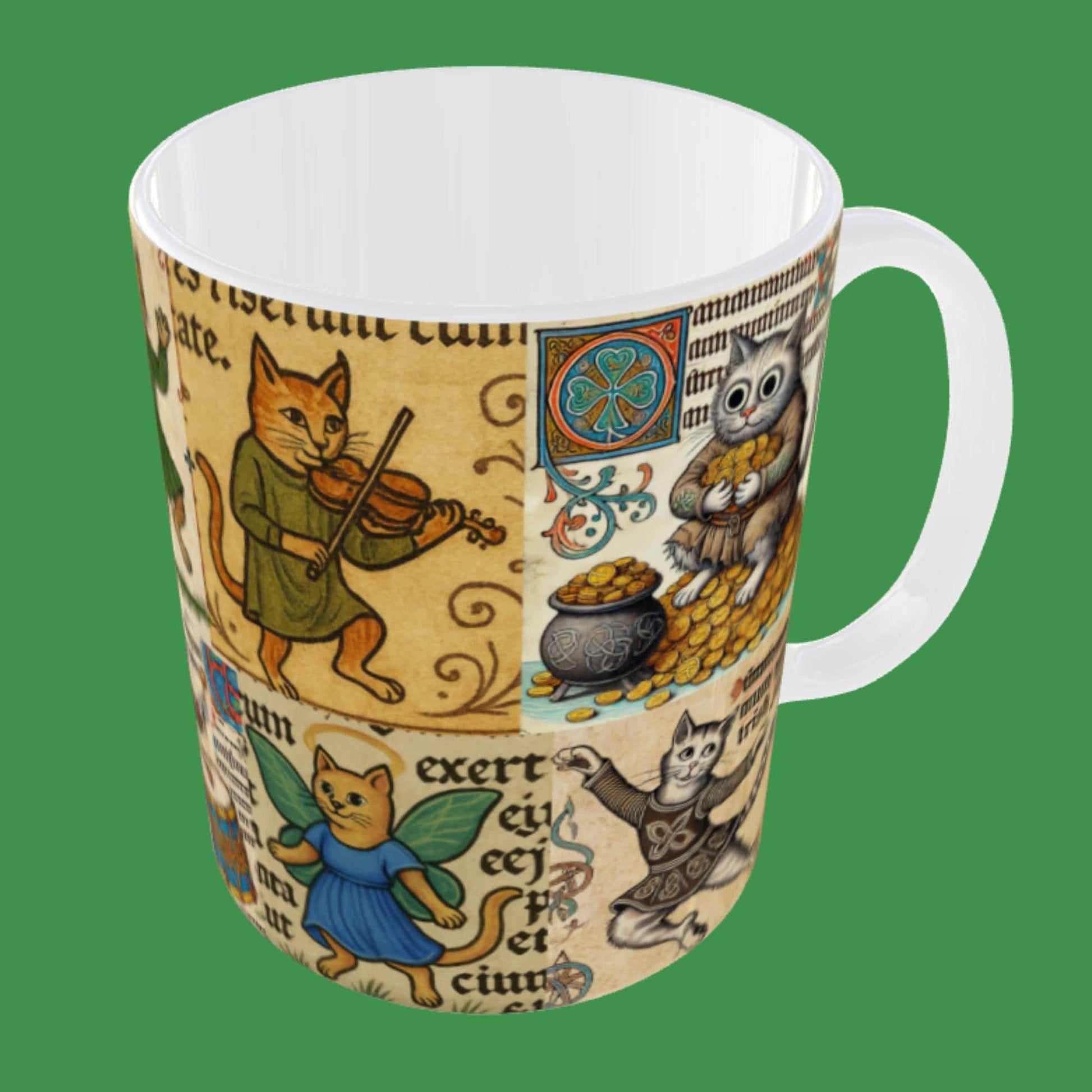 Celtic Irish mug with manuscript-style cats dressed in medieval costumes.