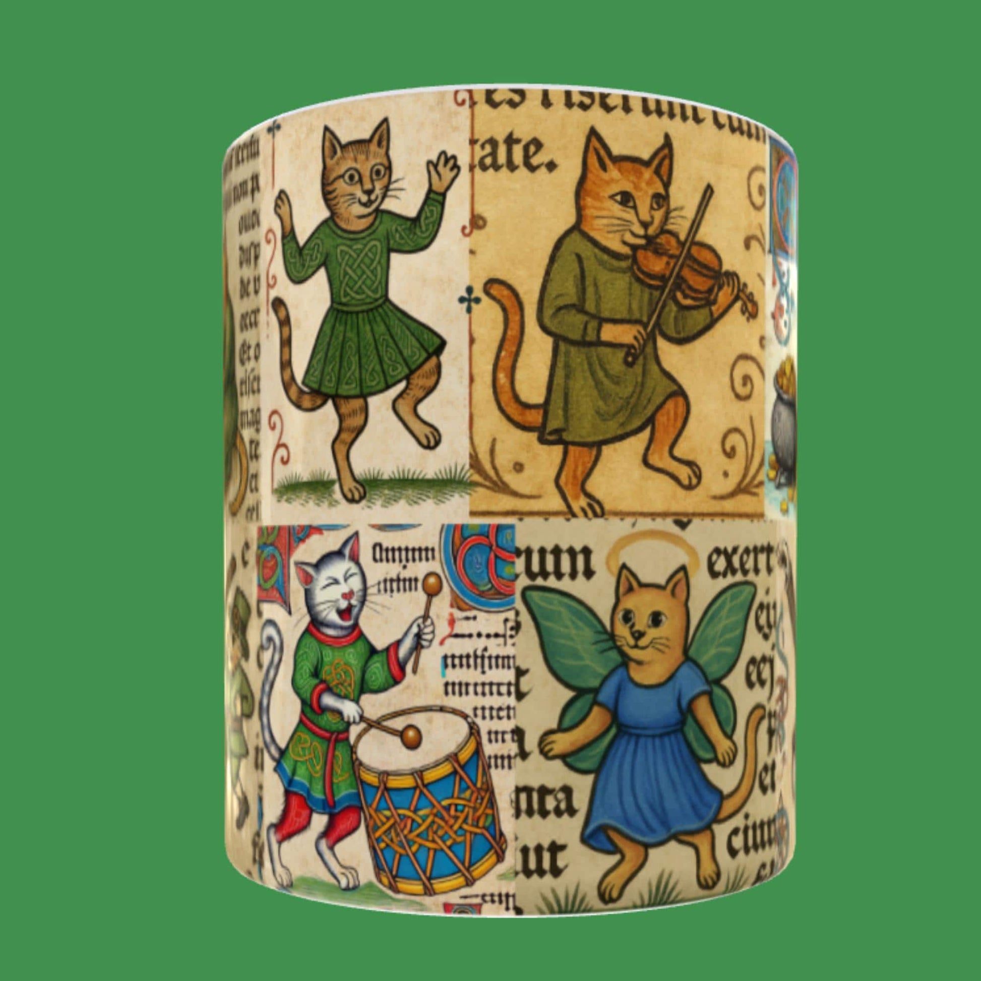 Unique medieval Irish cat mug, 11oz ceramic with borderless wraparound design. Irish Christmas gift.