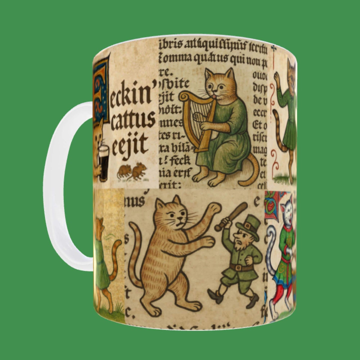 St Paddy’s Day cat mug with Celtic artwork and humorous medieval-style cats.