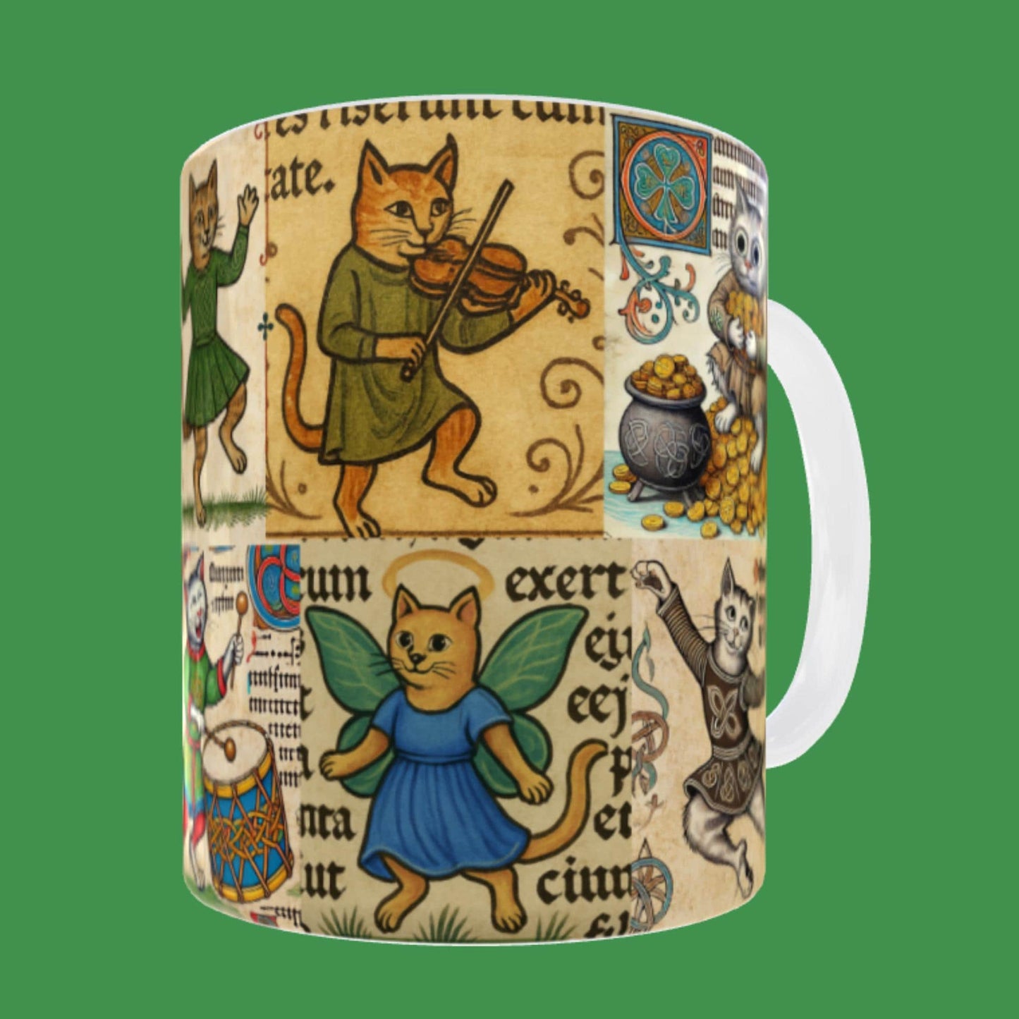 Irish gift mug showing cats dancing jigs, playing instruments, and celebrating.