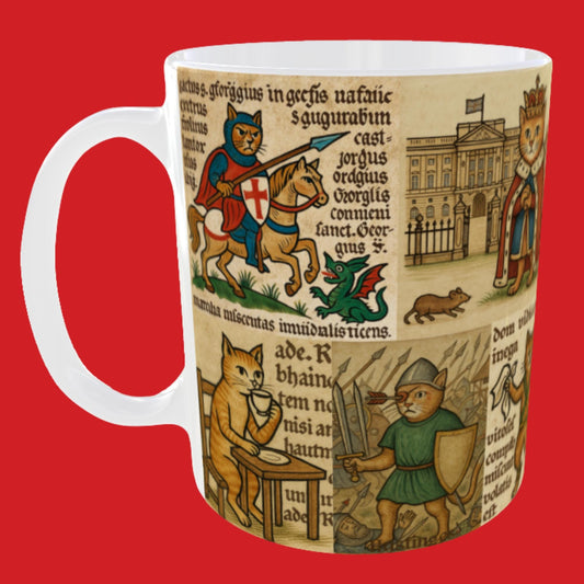 English pride coffee mug showing cats as St George, Shakespeare, Guy Fawkes, and a London bus driver.