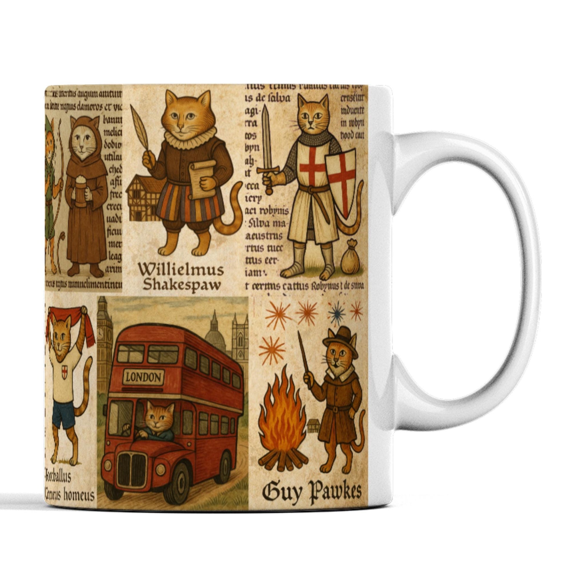 Borderless ceramic mug with English cats in medieval manuscript style, celebrating national pride.